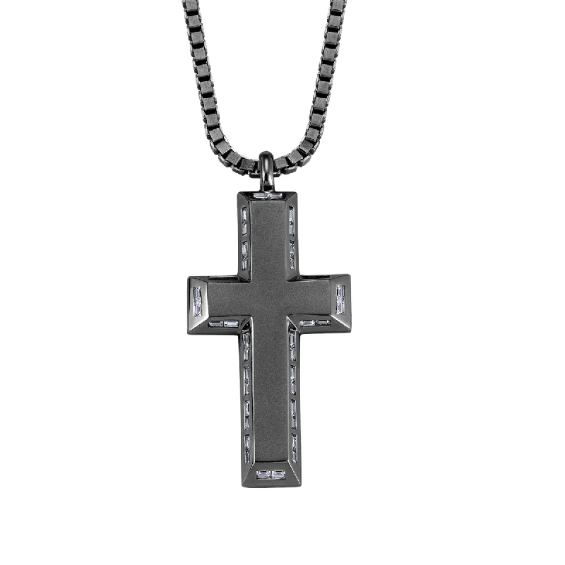 Crislu Black Ruthenium Plated Sterling Silver Cubic Zirconia 24-inch Cross Pendant