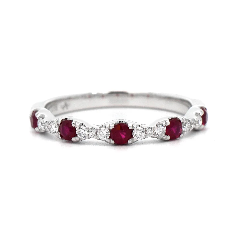 18K White Gold Prong Set Diamond and Ruby Band