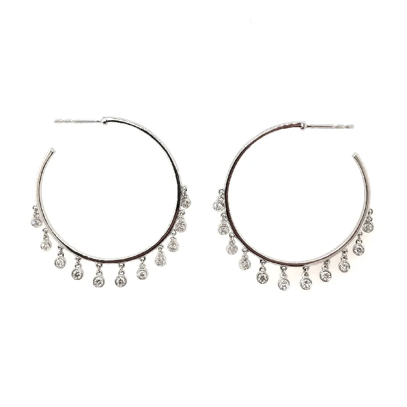 White Gold Bezel Set Diamond Drop Hoop Earrings