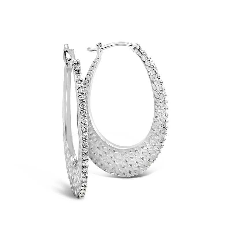 White Gold Diamond Textured Oval Hoop Earrings